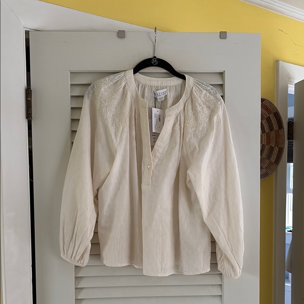 Velvet Cream Puff Sleeve Blouse with Mandarin Collar - small- NWT